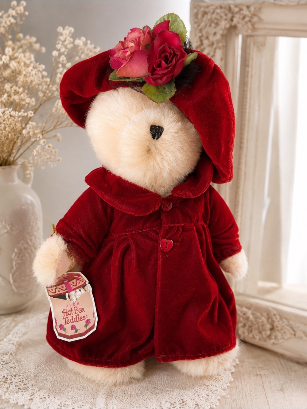 Vintage Avon Hat Box Teddies Bear Red Velvet Coat & Floral Hat